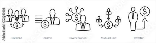 A set of 5 Investment icons as dividend, income, diversification