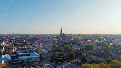 Strasbourg, France. Strasbourg Cathedral - Built in the Gothic style, the cathedral of the 13th century. Summer morning, Aerial View