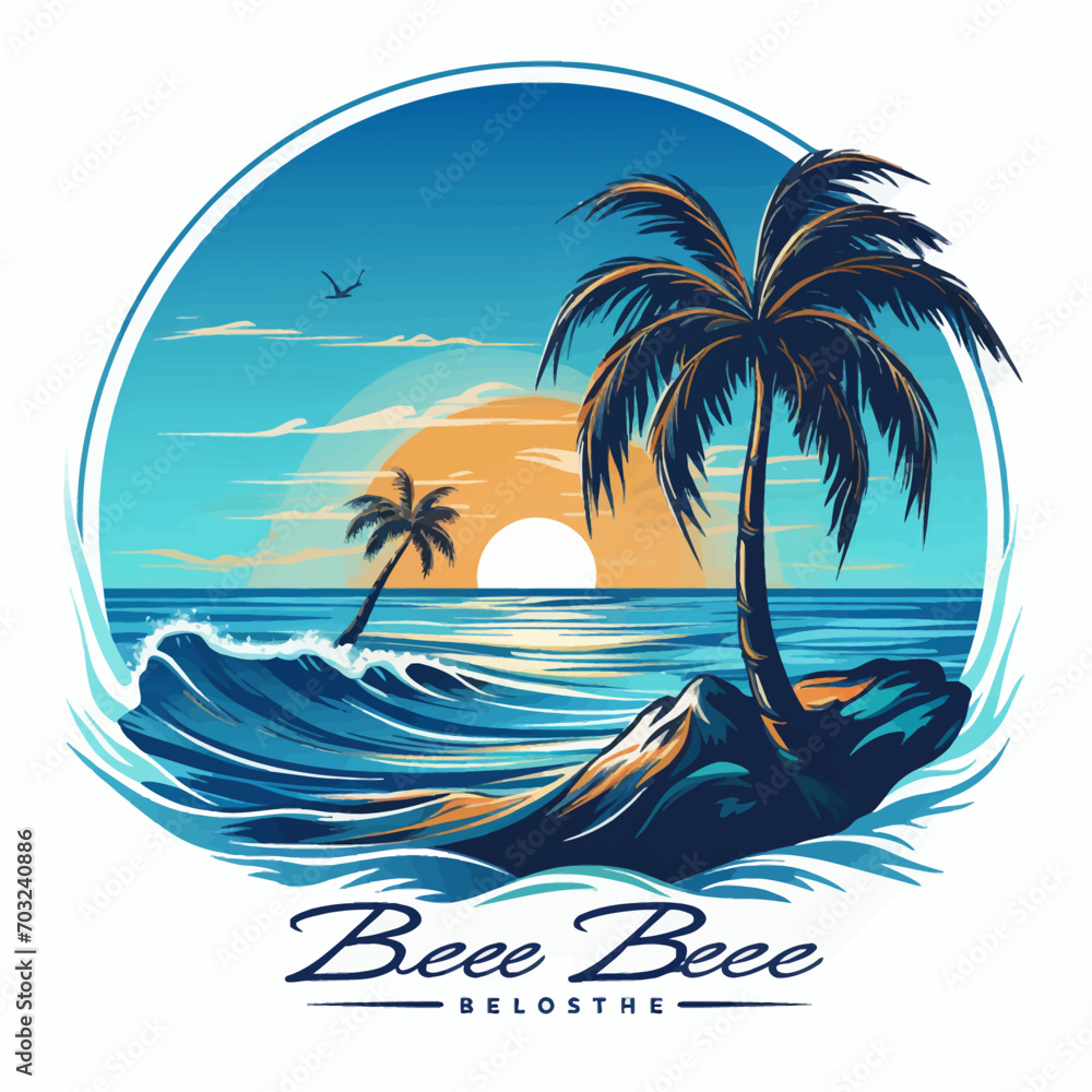 beach, palm, sea, tree, summer, tropical, island, sun, ocean, water, vector, illustration, travel, landscape, nature, sky, sand, waves, sunset, vacation, paradise, holiday, wave, exotic, silhouette