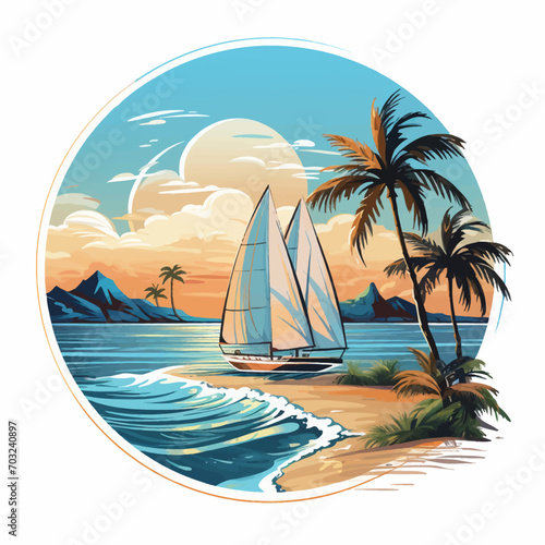 beach, sea, palm, summer, island, tree, tropical, ocean, water, sun, vector, landscape, sand, sky, travel, illustration, nature, vacation, boat, wave, paradise, ship, sunset, surf, coconut