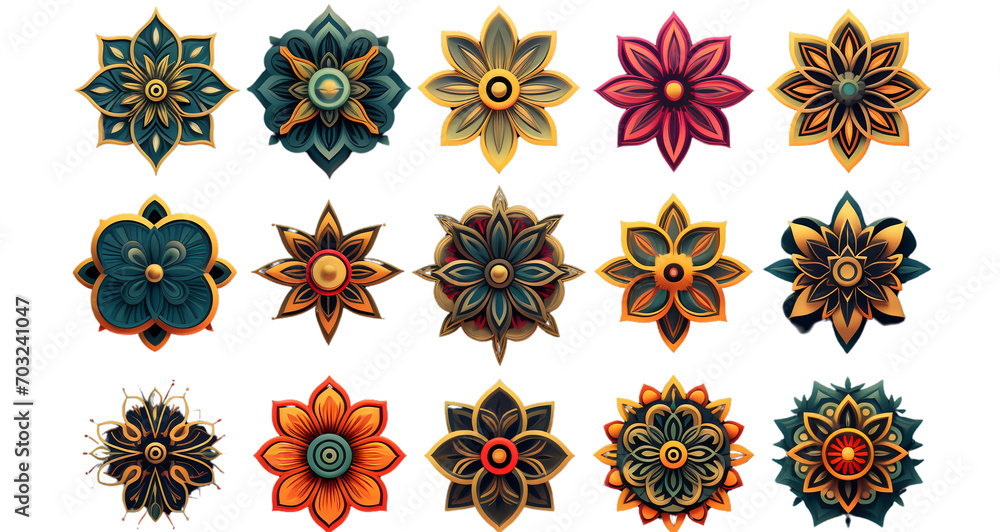 Different floral mandala logos on a transparent background  - obrazy, fototapety, plakaty 