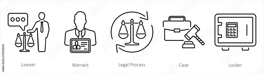 A set of 5 Justice icons as lawyer, warrant, legal process A set of 5 Justice icons as lawyer, warrant, legal process