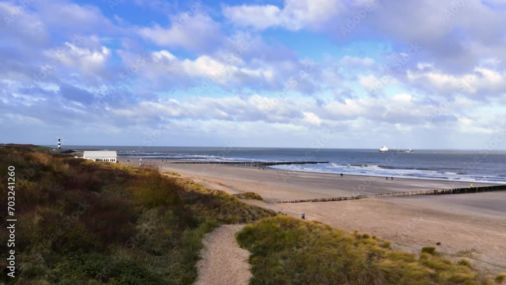 Drone view of coastline shore in the Netherlands at the seaside of the North Sea Drone view of coastline shore in the Netherlands at the seaside of the North Sea