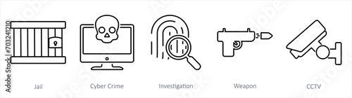 A set of 5 Justice icons as jail, cyber crime, investigation