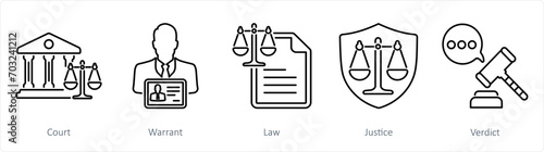 A set of 5 Justice icons as court, warrant, law