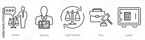 A set of 5 Justice icons as lawyer, warrant, legal process