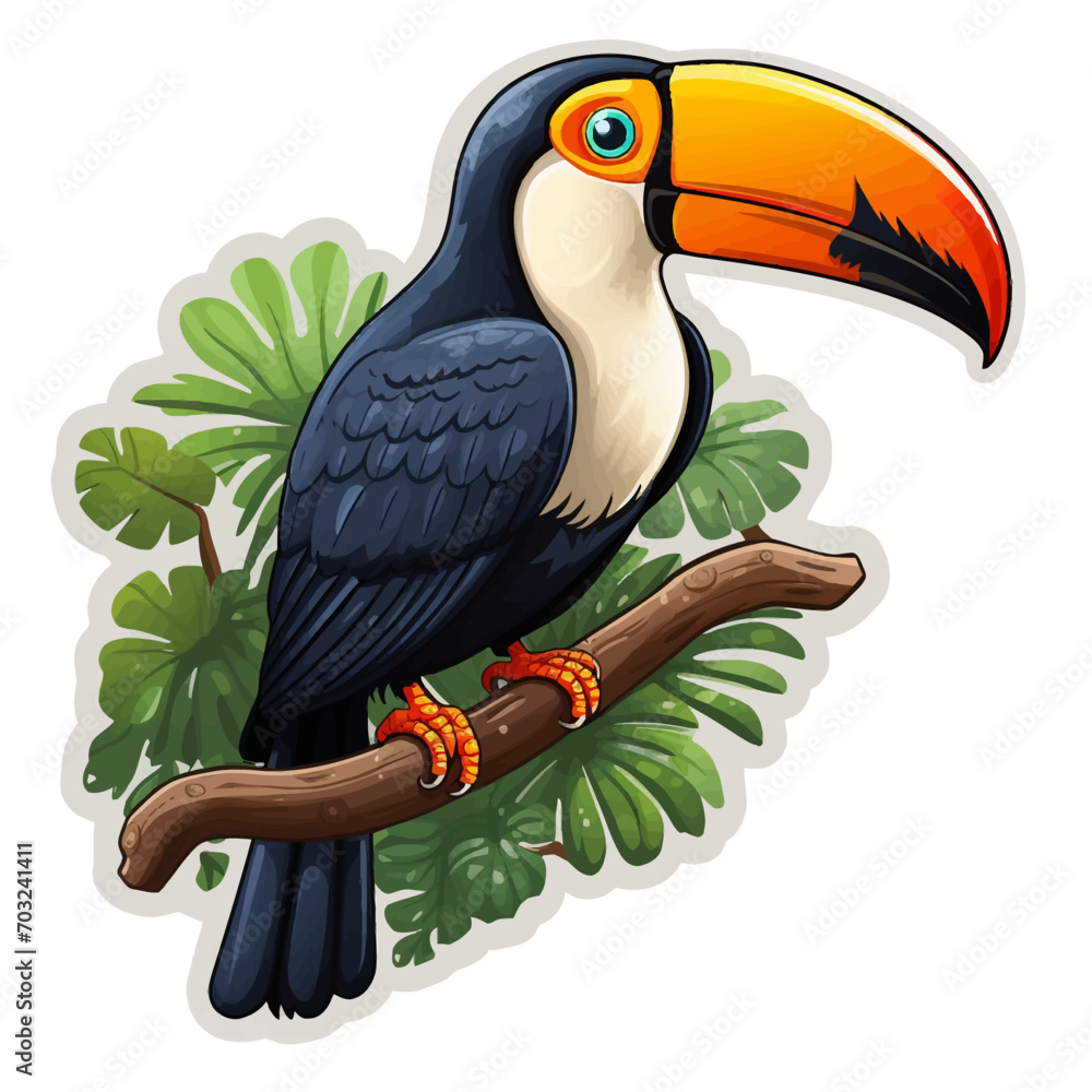 Fototapeta premium toucan, bird, animal, beak, tropical, brazil, nature, wild, exotic, wildlife, black, tucan, hornbill, jungle, rainforest, yellow, colorful, zoo, toco, orange, feather, isolated, bill, white, branch