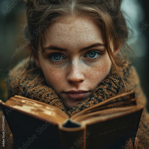 girl with blue eyes and and freckles on her face hiding behind an old book photography, Generative AI