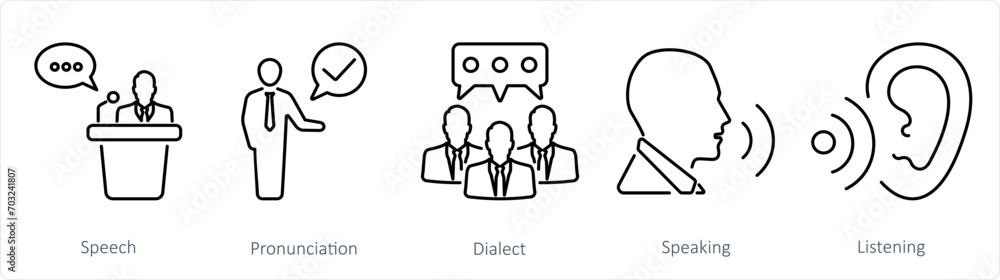 A set of 5 Language icons as speech, pronounciation, dialect - obrazy, fototapety, plakaty 