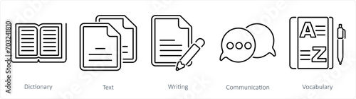 A set of 5 Language icons as dictionary, text, writing
