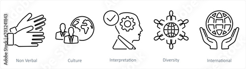 A set of 5 Language icons as non verbal, culture, interpretation