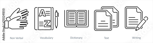 A set of 5 Language icons as non verbal, vocabulary, dictionary