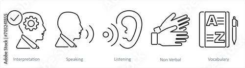 A set of 5 Language icons as interpretation, speaking, listening photo