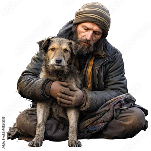 Homeless man with his dog on transparent background