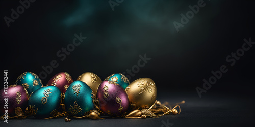 Easter eggs on grass, A bowl of easter eggs sits on a table with a bowl of colorful candy balls in the background. Easter eggs a natural nest with bird eggs on a black background view, generative AI 
