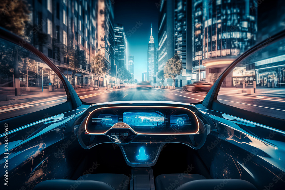 Autonomous self-driving futuristic car without driver. First-person view
