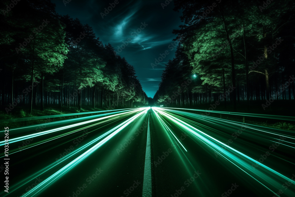 Night road with green lines. Green transportation and decarbonization concept