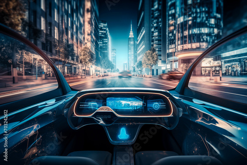 Autonomous self-driving futuristic car without driver. First-person view © scharfsinn86