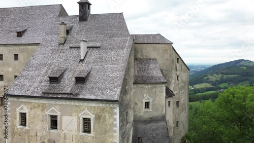 aerial of medieval Altpernstein castle over Kremstal valley in Upper Austria photo