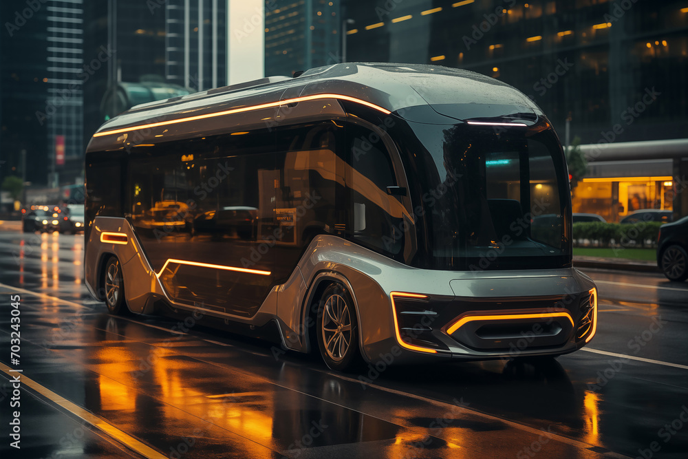 Fototapeta premium Autonomous self driving bus shuttle on a city street