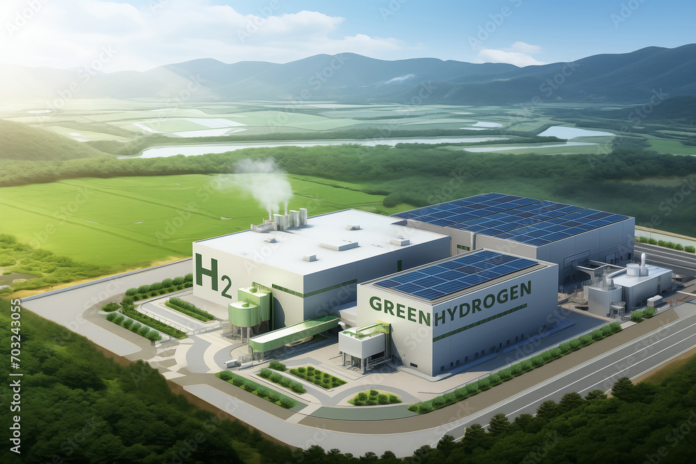 Modern hydrogen plant, rooftop solar panels merge green power, symbolizing sustainable innovation - obrazy, fototapety, plakaty 