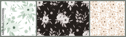 Seamless floral pattern  vintage botanical print in a classic monochrome motif. Elegant flower design  hand drawn large flowers  leaves  bouquets  light and dark background. Vector pattern collection.