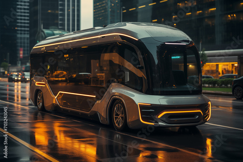 Autonomous self driving bus shuttle on a city street