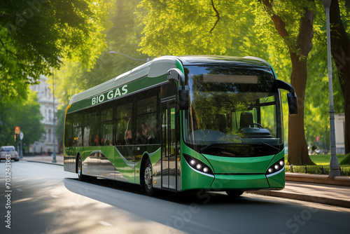 Bus powered by bio gas on a city street. Carbon neutral transportation concept