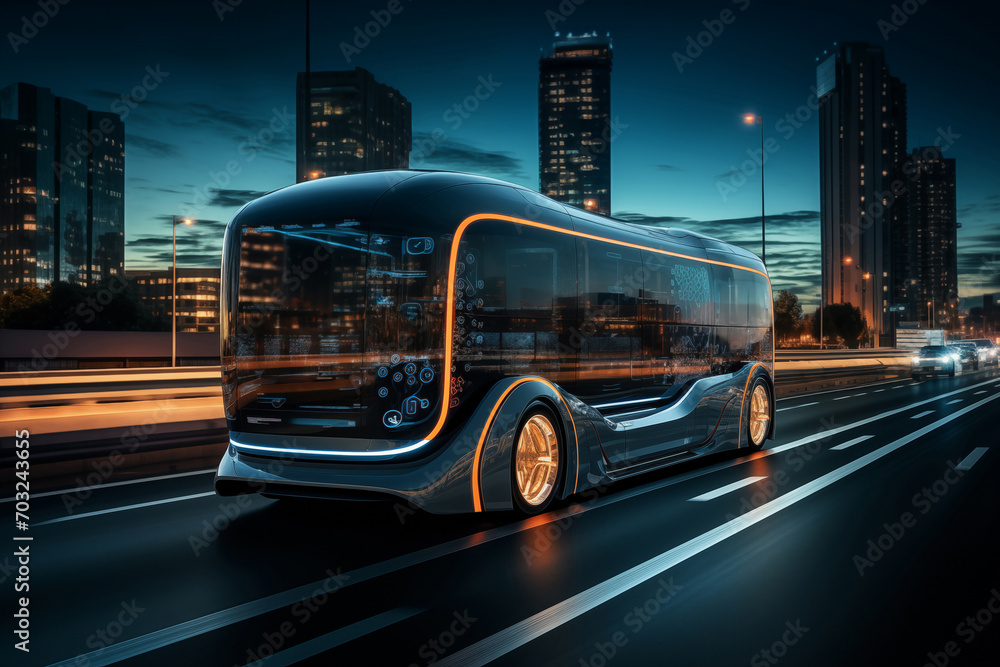 Autonomous self driving bus shuttle on a city street - obrazy, fototapety, plakaty 