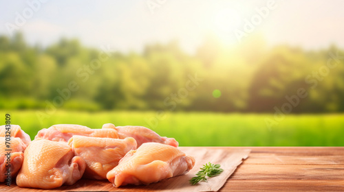 Chicken meat on the table against the background of a field. Selective focus.