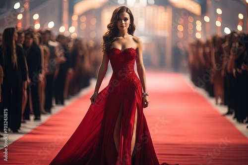 Woman in red dress walking down long red carpet