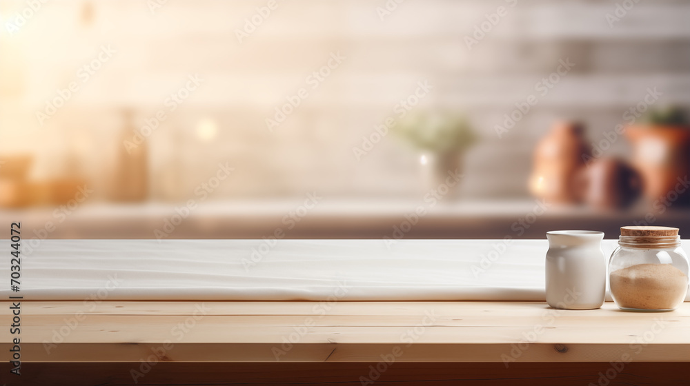Wooden kitchen setting with bright blurred background. Perfect for home cooking products advertisements. Natural Organic Home. Generative AI Wooden kitchen setting with bright blurred background. Perfect for home cooking products advertisements. Natural Organic Home. Generative AI