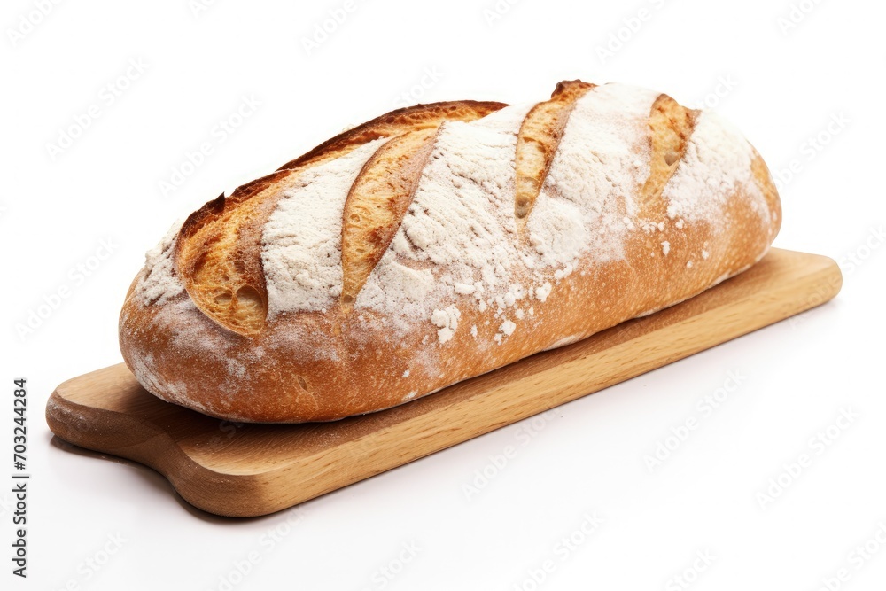 A freshly baked bread loaf on a wooden plate isolated on white background