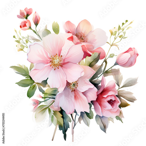 Watercolor peach flowers bouquet on white background