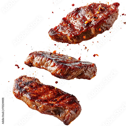 Food photo of Beef Steaks falling flying in the air isolated on white transparent background, grilled meat collection, ultra realistic, PNG