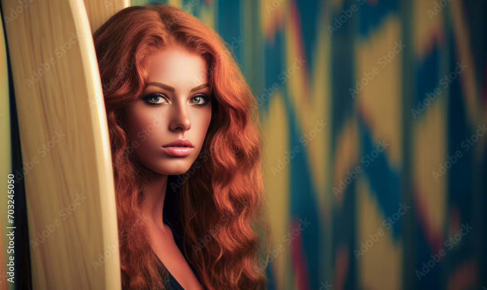 Auburn-haired beauty with a captivating gaze, partially concealed by a vibrant surfboard, evoking a sense of mystery and adventure Auburn-haired beauty with a captivating gaze, partially concealed by a vibrant surfboard, evoking a sense of mystery and adventure