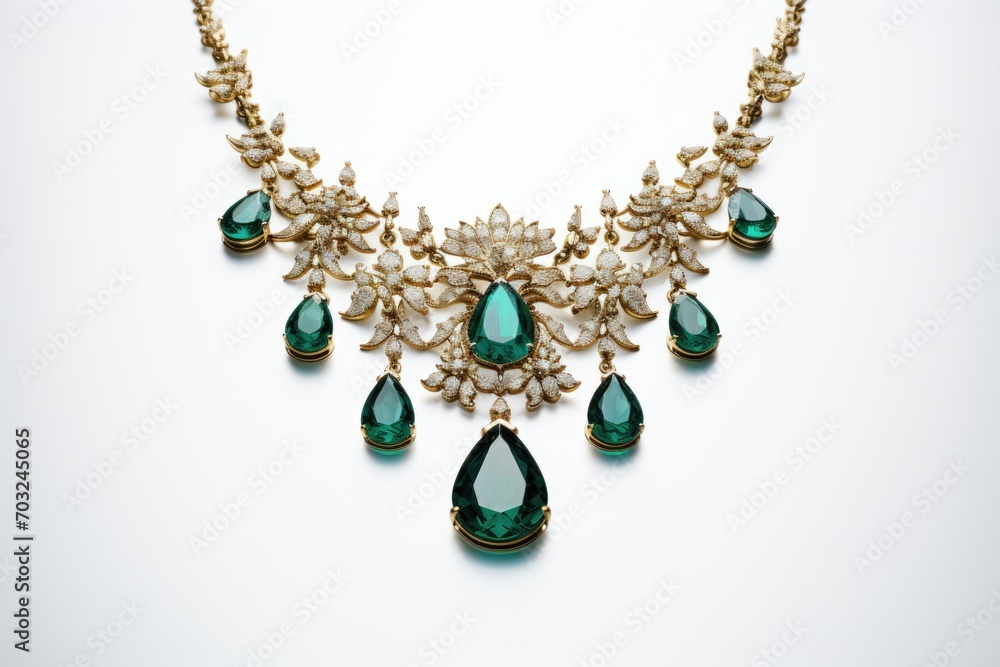 Necklace with green malachite stones and golden chain isolated on white background Necklace with green malachite stones and golden chain isolated on white background