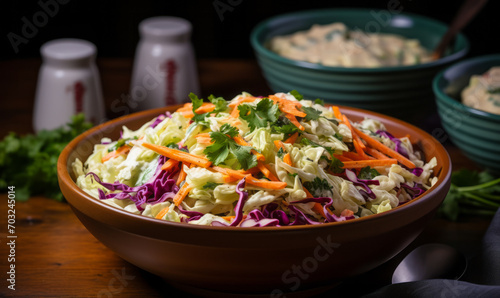 Freshly made creamy coleslaw salad in a teal bowl, a classic side dish garnished with shredded carrots and purple cabbage on a dark table