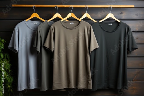 Plain t-shirt of different colors hang on a hanger