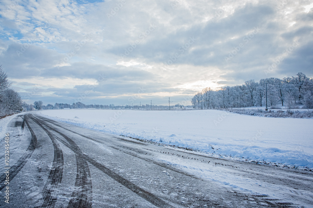Road in winter landscape in Hassleholm, Sweden