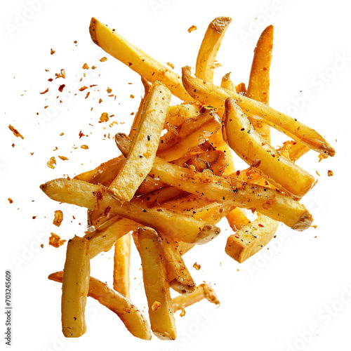 Food photo of  French fries falling flying in the air isolated on white transparent background, ultra realistic, PNG
