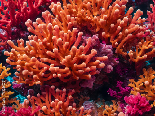 Colorful corals on the coral reef in the tropical sea. © wannasak