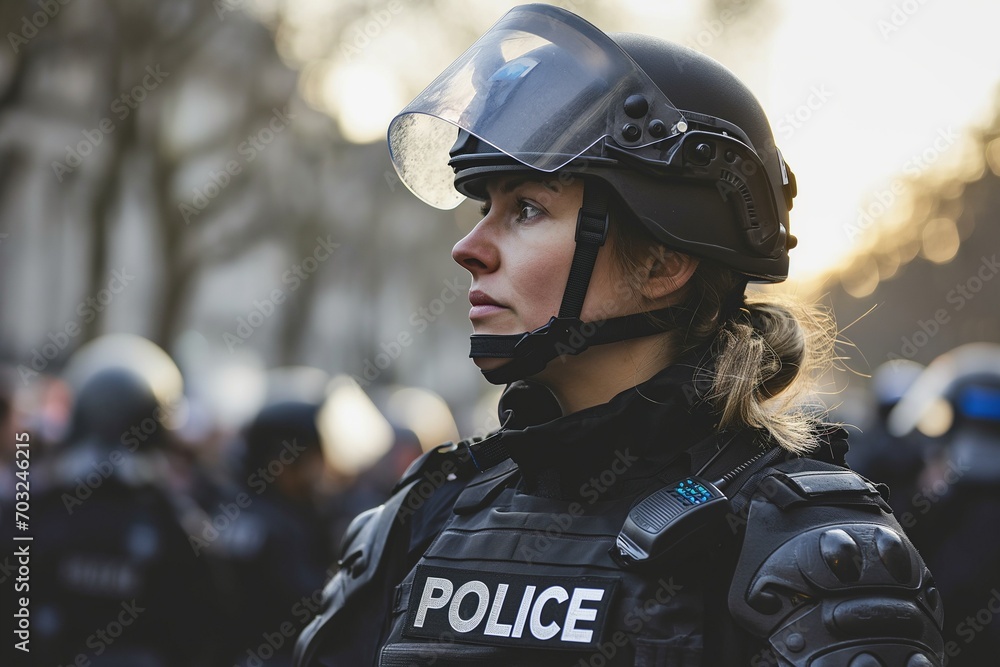 An empowered female officer, donned in full riot gear, navigating a crowded city street as part of her commitment to public safety - obrazy, fototapety, plakaty 