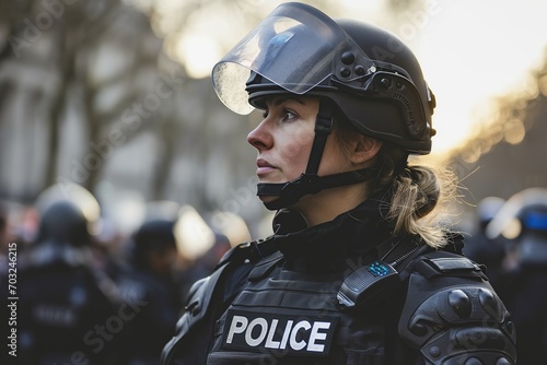 An empowered female officer, donned in full riot gear, navigating a crowded city street as part of her commitment to public safety photo