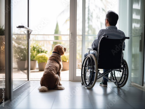 old man in wheelchair facing home window together with dog © Kedek Creative