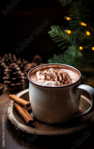 Hot chocolate with whipped cream and cinnamon on wooden background.