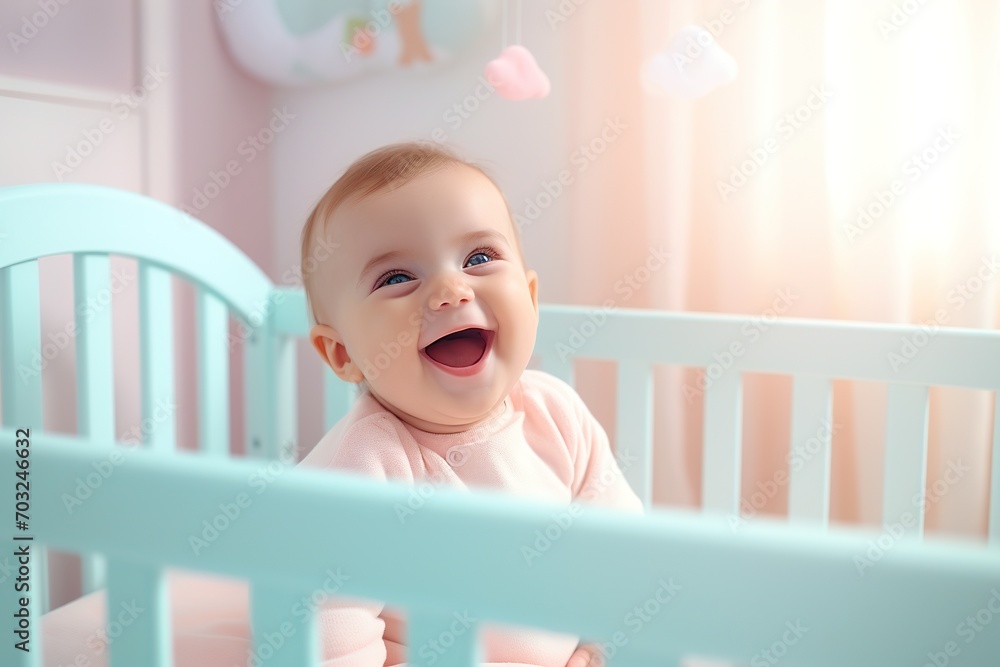 baby smiling in crib, dream quality style, calming effect, pastel color style baby smiling in crib, dream quality style, calming effect, pastel color style