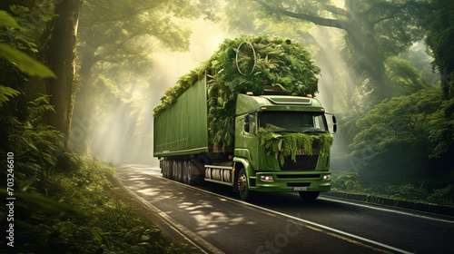 Ecological truck transporting goods along a green