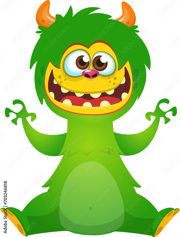 Fototapeta premium Cartoon happy adorable monster sitting and waving hands. Vector illustration isolated on white. Great for Halloween party or package design