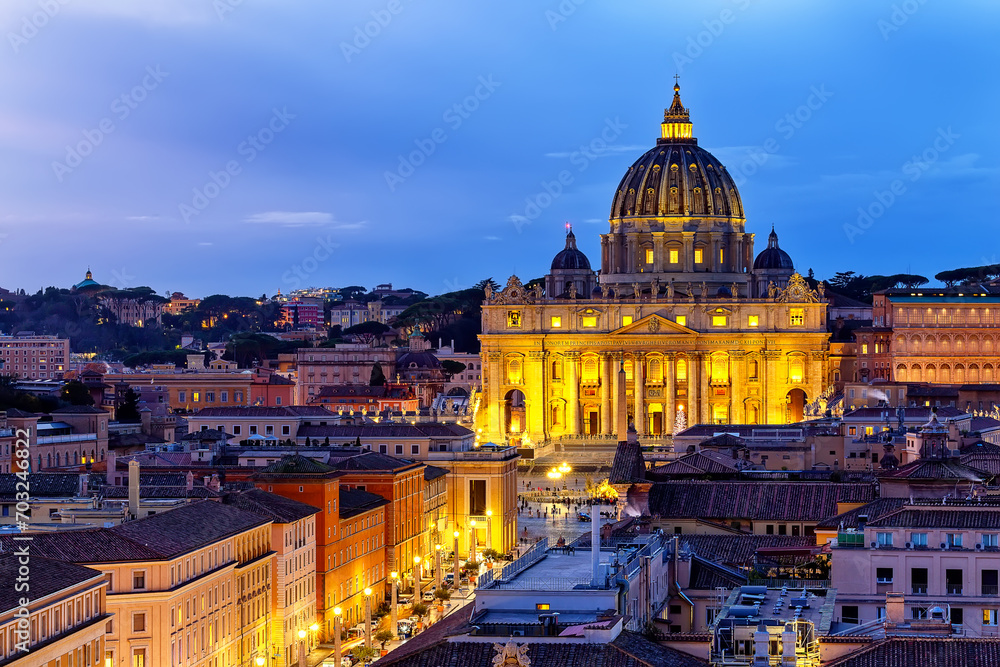 Saint Peter Basilica in Vatican City at Rome, Italy and Street Via della Conciliazione at sunset sky. - obrazy, fototapety, plakaty 